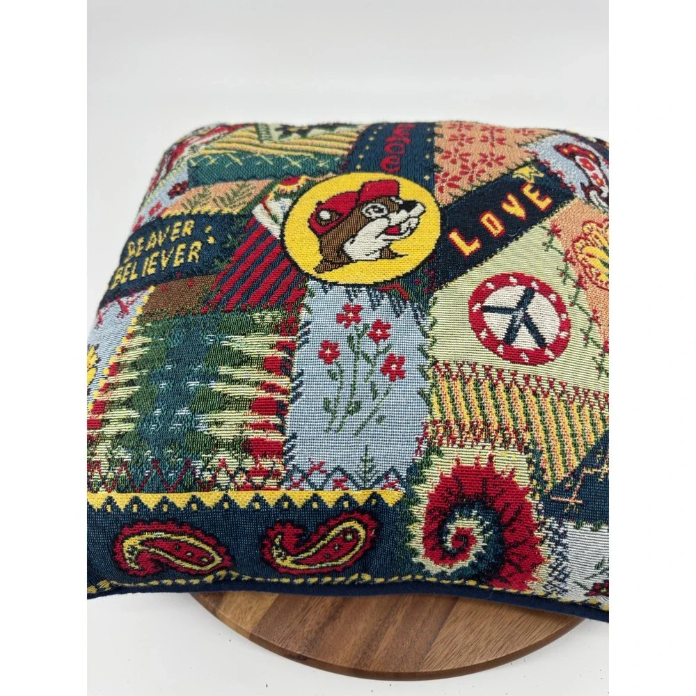 Buc-ee's Woven Tapestry Patchwork Throw Pillow Multi 14x14 Peace Love Beaver